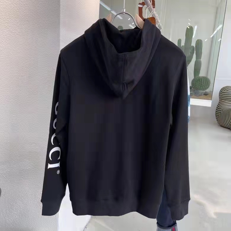 Gucci Men Logo Print Hooded Sweatshirt Black Heavy Felted Organic Cotton Jersey