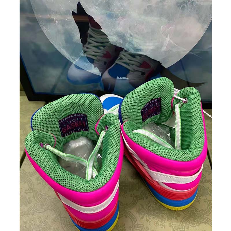 Gucci Unisex GG Gucci Basket Sneaker Pink Demetra Rubber Interlocking Grey Mesh