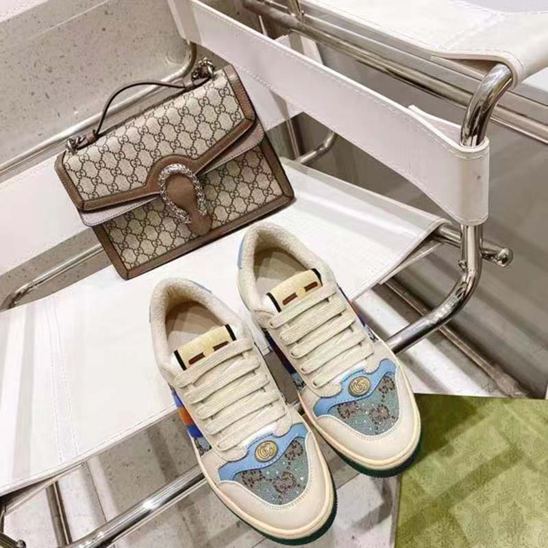 Gucci Unisex Screener Sneaker Crystals Brown Blue GG Canvas 3.6 cm Heel