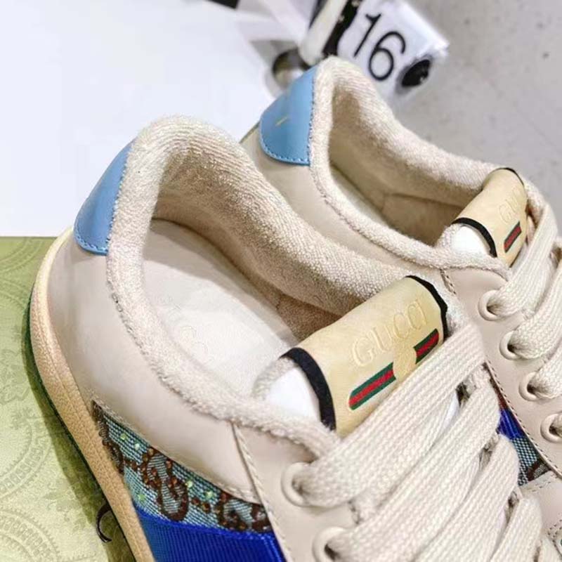 Gucci Unisex Screener Sneaker Crystals Brown Blue GG Canvas 3.6 cm Heel