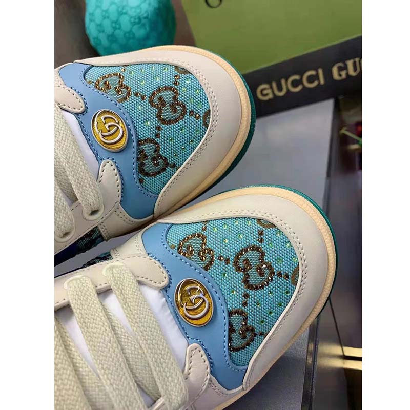 Gucci Unisex Screener Sneaker Crystals Brown Blue GG Canvas 3.6 cm Heel