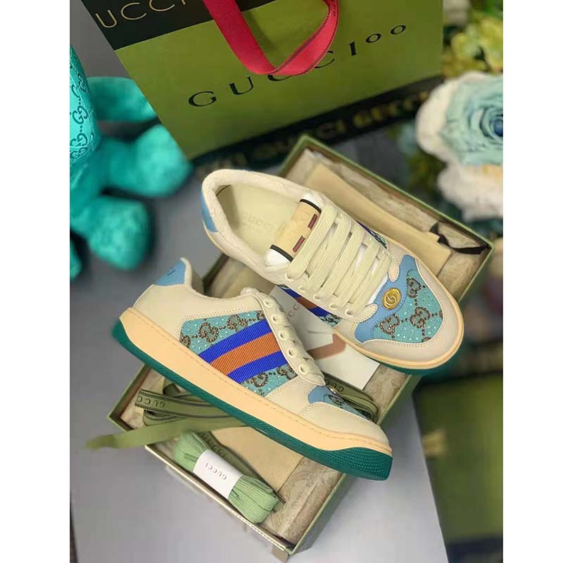 Gucci Unisex Screener Sneaker Crystals Brown Blue GG Canvas 3.6 cm Heel