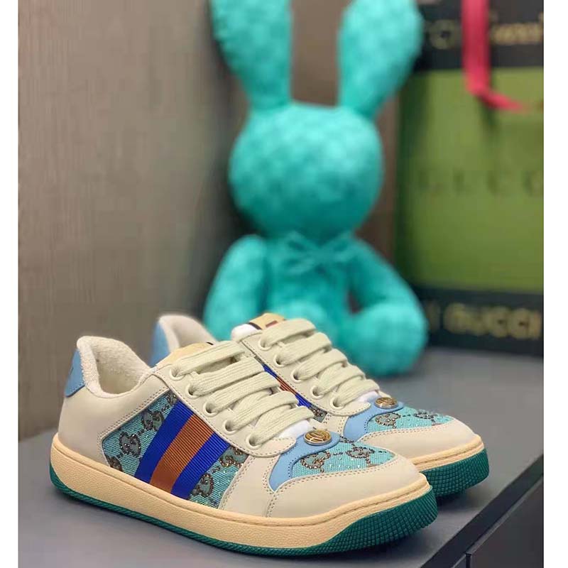 Gucci Unisex Screener Sneaker Crystals Brown Blue GG Canvas 3.6 cm Heel