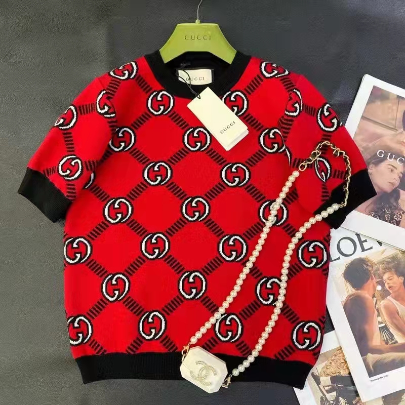 Gucci Women GG Reversible Interlocking G Wool Sweater Crewneck Short Sleeves