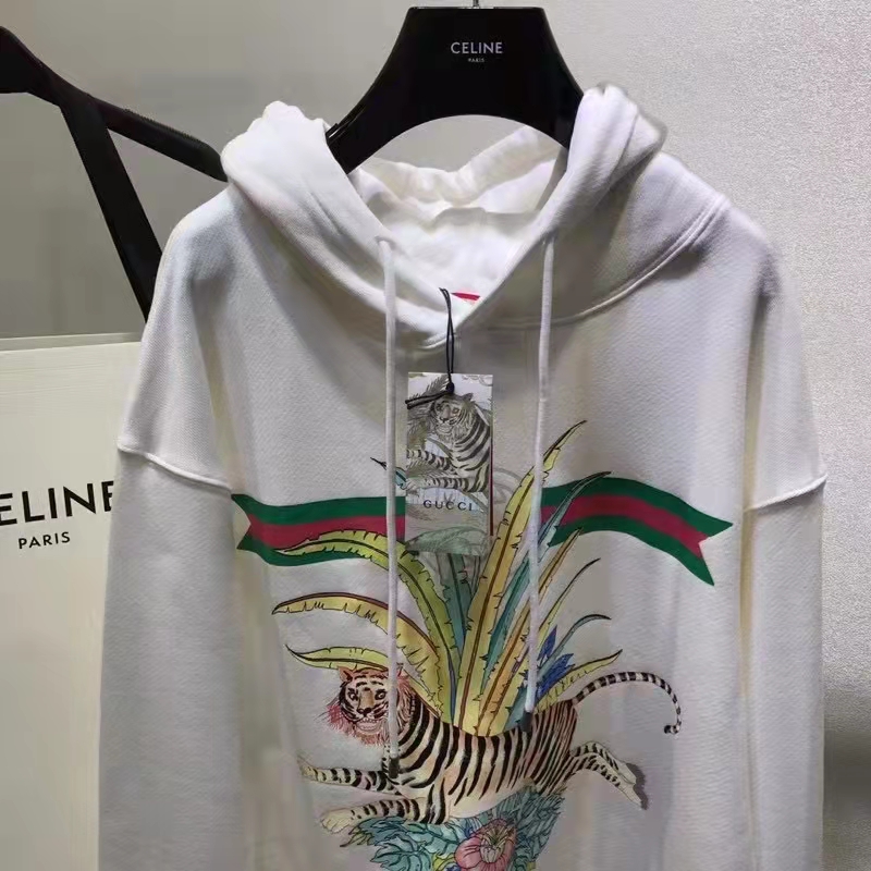 Gucci Men GG Tiger Hooded Sweatshirt Ivory Felted Cotton Jersey Fixed Hood