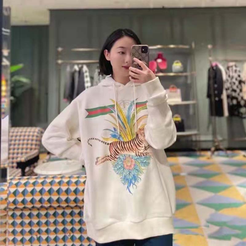 Gucci Women GG Tiger Hooded Sweatshirt Ivory Felted Cotton Jersey Fixed Hood