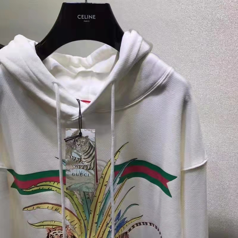 Gucci Men GG Tiger Hooded Sweatshirt Ivory Felted Cotton Jersey Fixed Hood