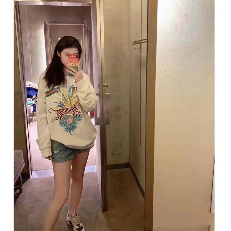 Gucci Women GG Tiger Hooded Sweatshirt Ivory Felted Cotton Jersey Fixed Hood