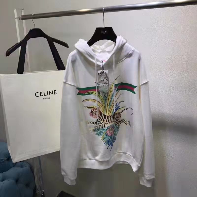 Gucci Men GG Tiger Hooded Sweatshirt Ivory Felted Cotton Jersey Fixed Hood