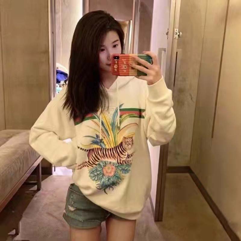 Gucci Women GG Tiger Hooded Sweatshirt Ivory Felted Cotton Jersey Fixed Hood
