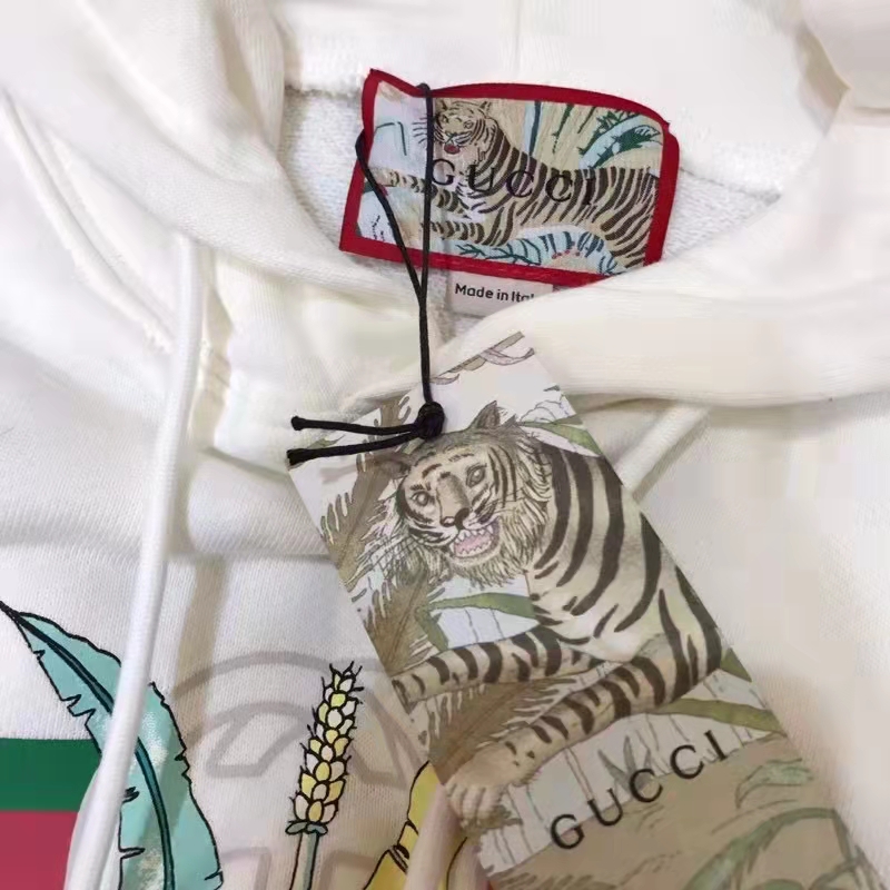 Gucci Men GG Tiger Hooded Sweatshirt Ivory Felted Cotton Jersey Fixed Hood