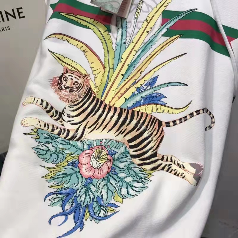 Gucci Men GG Tiger Hooded Sweatshirt Ivory Felted Cotton Jersey Fixed Hood