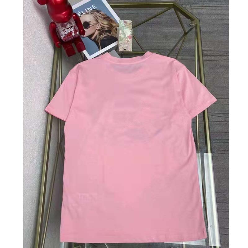 Gucci Women GG Tiger Interlocking G T-Shirt Pink Cotton Jersey Flower Crewneck Oversize Fit