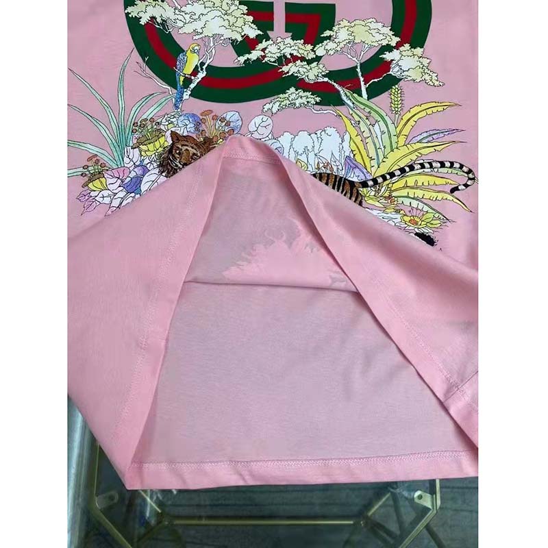 Gucci Women GG Tiger Interlocking G T-Shirt Pink Cotton Jersey Flower Crewneck Oversize Fit