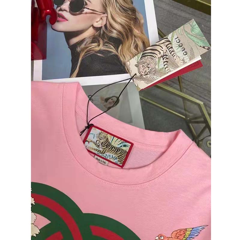 Gucci Women GG Tiger Interlocking G T-Shirt Pink Cotton Jersey Flower Crewneck Oversize Fit