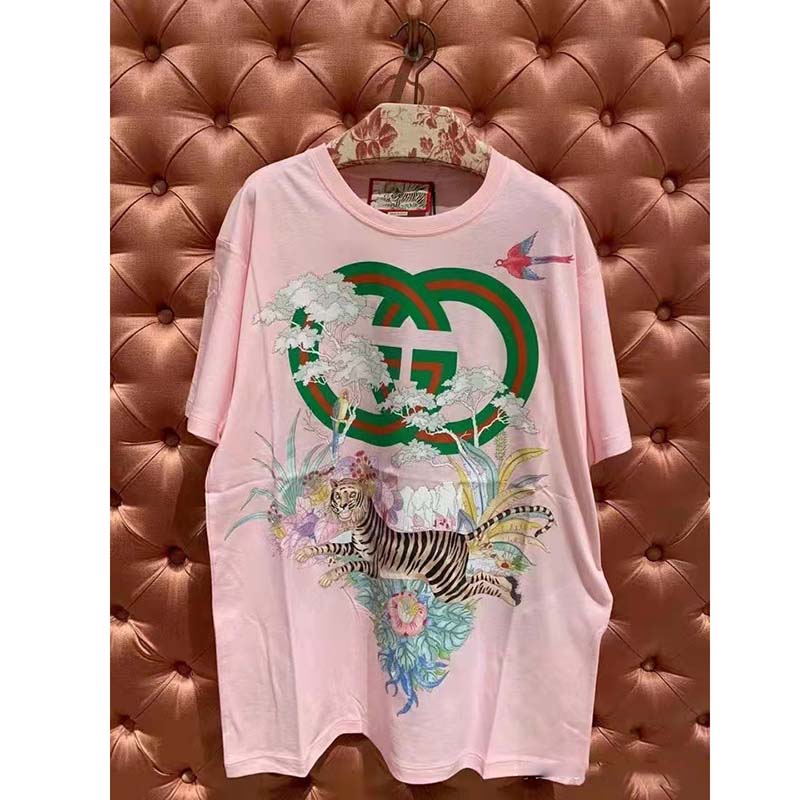 Gucci Women GG Tiger Interlocking G T-Shirt Pink Cotton Jersey Flower Crewneck Oversize Fit