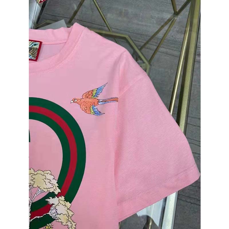 Gucci Women GG Tiger Interlocking G T-Shirt Pink Cotton Jersey Flower Crewneck Oversize Fit