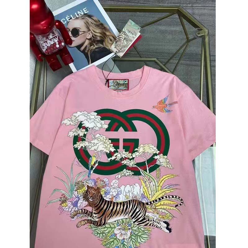 Gucci Women GG Tiger Interlocking G T-Shirt Pink Cotton Jersey Flower Crewneck Oversize Fit