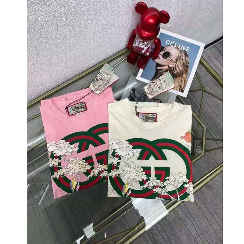Gucci Women GG Tiger Interlocking G T-Shirt Pink Cotton Jersey Flower Crewneck Oversize Fit