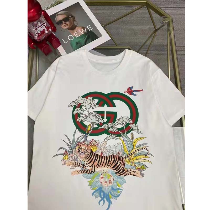 Gucci Men GG Tiger Interlocking G T-Shirt White Cotton Jersey Flower Crewneck Oversize Fit