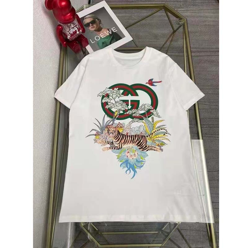 Gucci Men GG Tiger Interlocking G T-Shirt White Cotton Jersey Flower Crewneck Oversize Fit