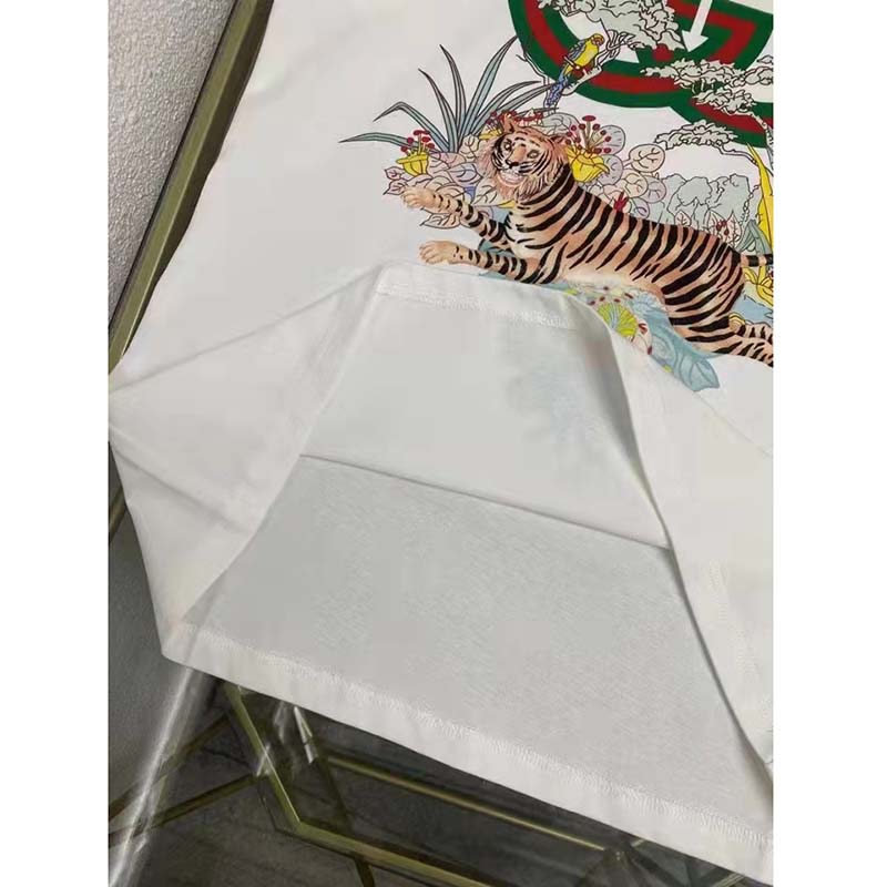 Gucci Men GG Tiger Interlocking G T-Shirt White Cotton Jersey Flower Crewneck Oversize Fit