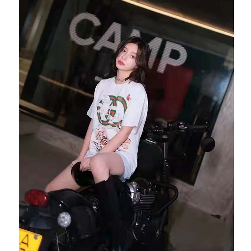 Gucci Women GG Tiger Interlocking G T-Shirt White Cotton Jersey Flower Crewneck Oversize Fit