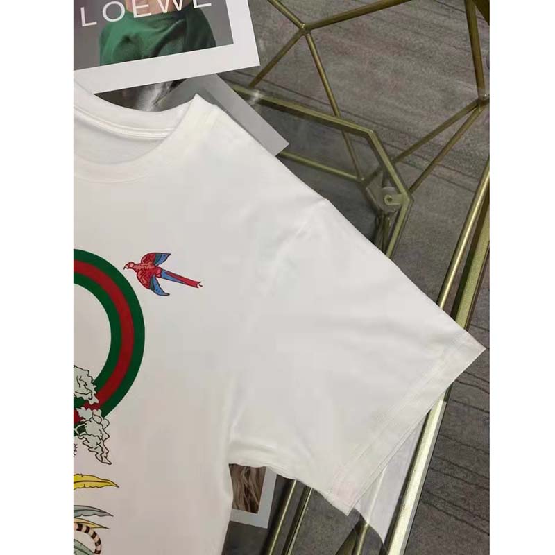 Gucci Men GG Tiger Interlocking G T-Shirt White Cotton Jersey Flower Crewneck Oversize Fit