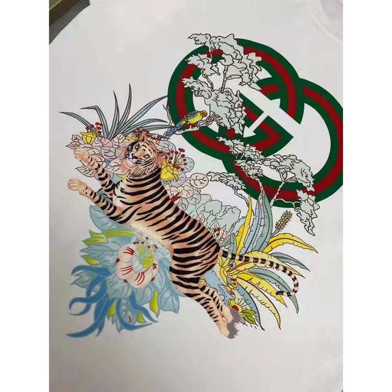 Gucci Men GG Tiger Interlocking G T-Shirt White Cotton Jersey Flower Crewneck Oversize Fit