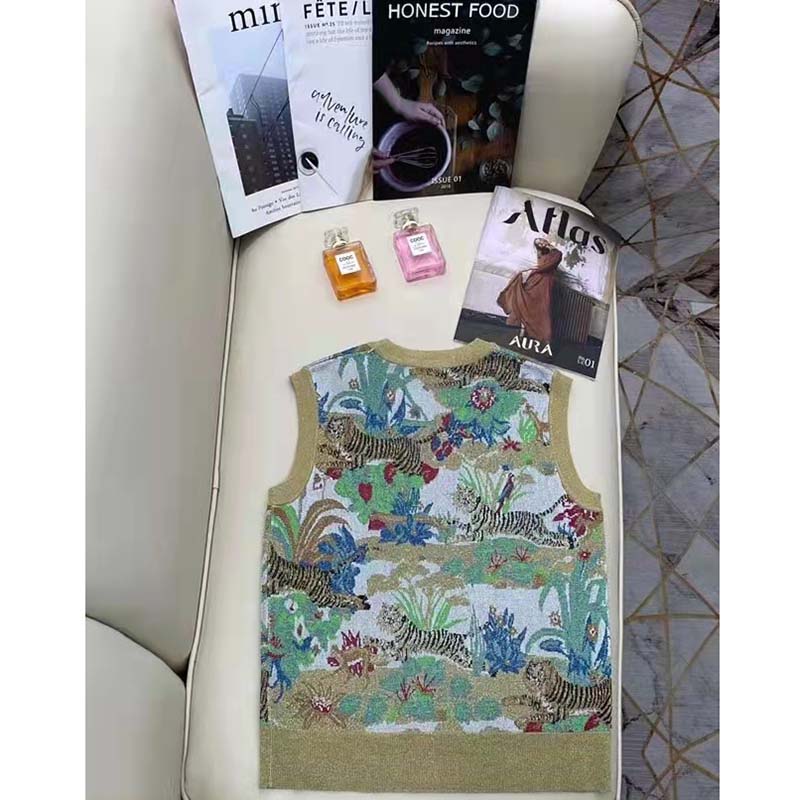 Gucci Men GG Tiger Jacquard Vest Gold Green Tiger Flower Extra Fine Lurex Crewneck