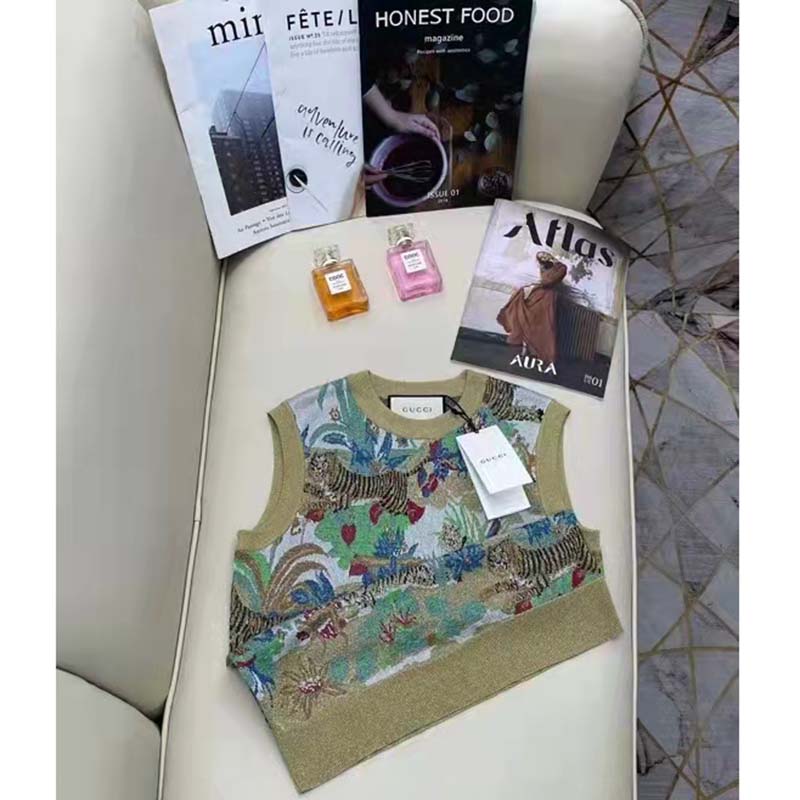 Gucci Men GG Tiger Jacquard Vest Gold Green Tiger Flower Extra Fine Lurex Crewneck