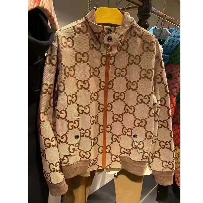 Gucci Women Jumbo GG Canvas Jacket Beige Ebony Jumbo Cotton Wool Leather