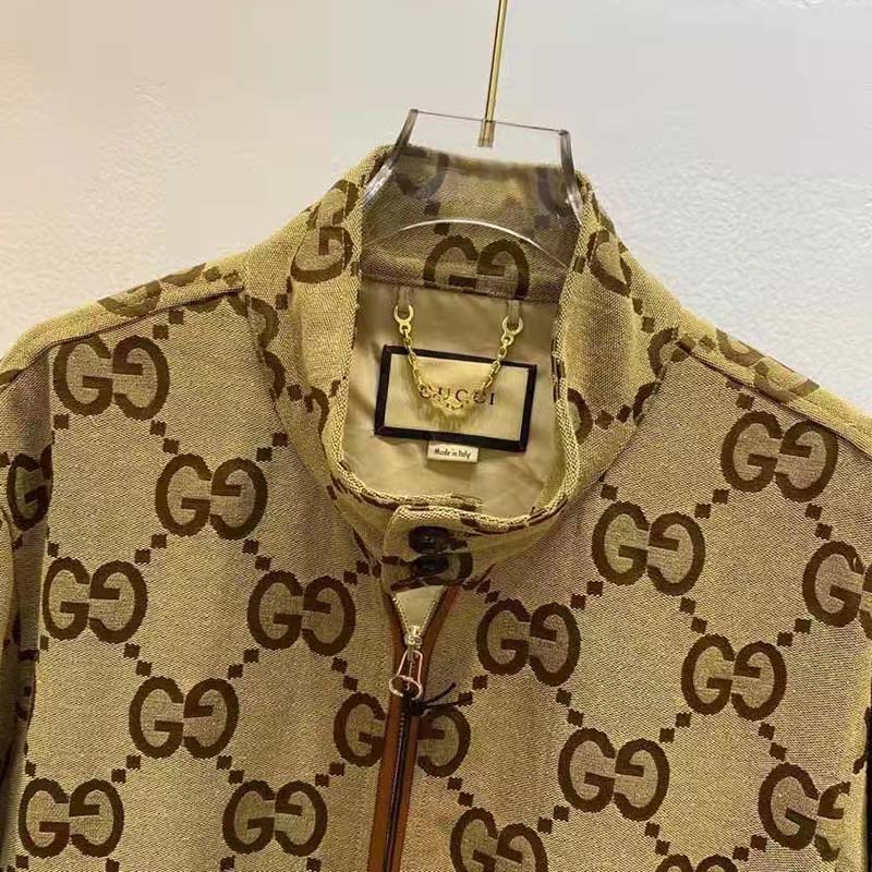 Gucci Women Jumbo GG Canvas Jacket Beige Ebony Jumbo Cotton Wool Leather