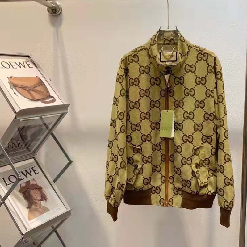 Gucci Women Jumbo GG Canvas Jacket Beige Ebony Jumbo Cotton Wool Leather