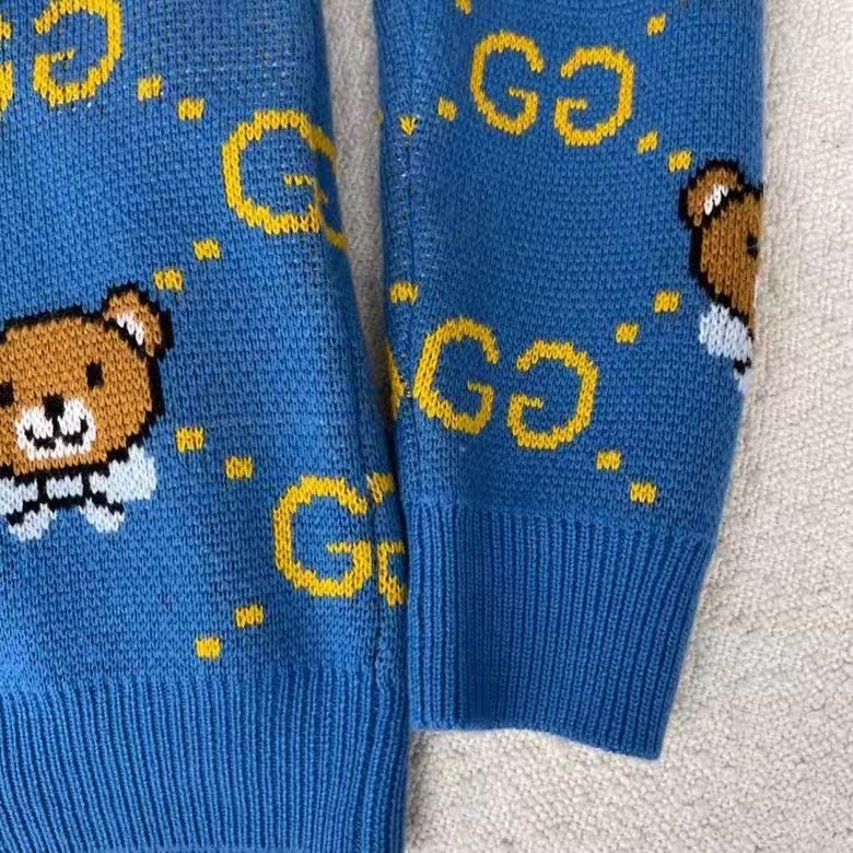Gucci Women KAI x Gucci GG Jacquard Jumper Dark Blue Teddy Bear Wool Cotton Blend Crewneck