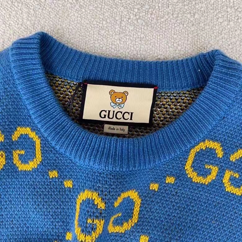 Gucci Women KAI x Gucci GG Jacquard Jumper Dark Blue Teddy Bear Wool Cotton Blend Crewneck