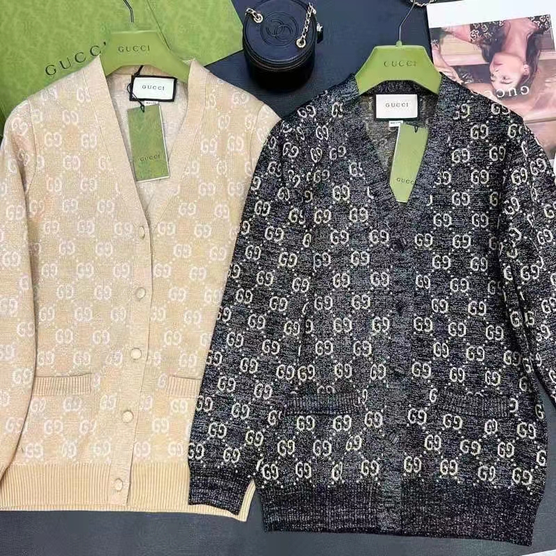Gucci Women Lamé GG Jacquard Cardigan Camel Beige Fine Cotton