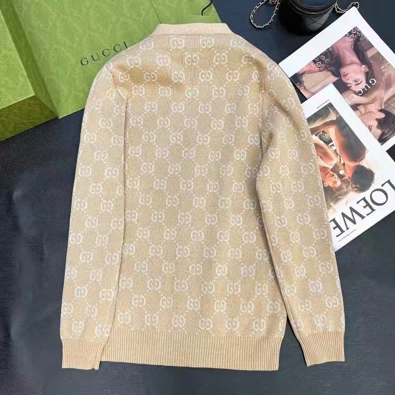 Gucci Men Lamé GG Jacquard Cardigan Camel Beige Fine Cotton