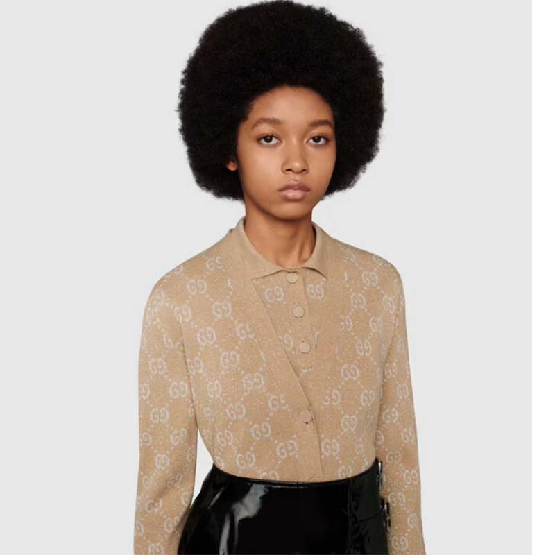 Gucci Women Lamé GG Jacquard Cardigan Camel Beige Fine Cotton
