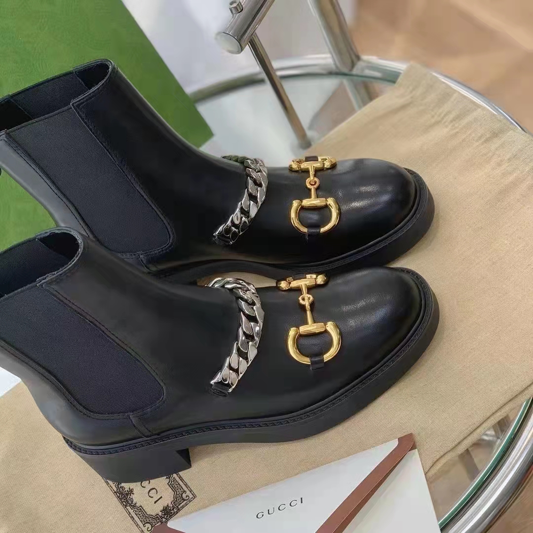 Gucci Women’s Chelsea Boot Chain Black Leather Horsebit 3 cm Heel