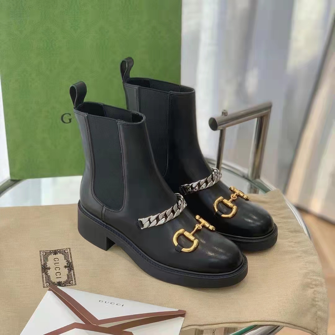 Gucci Women’s Chelsea Boot Chain Black Leather Horsebit 3 cm Heel