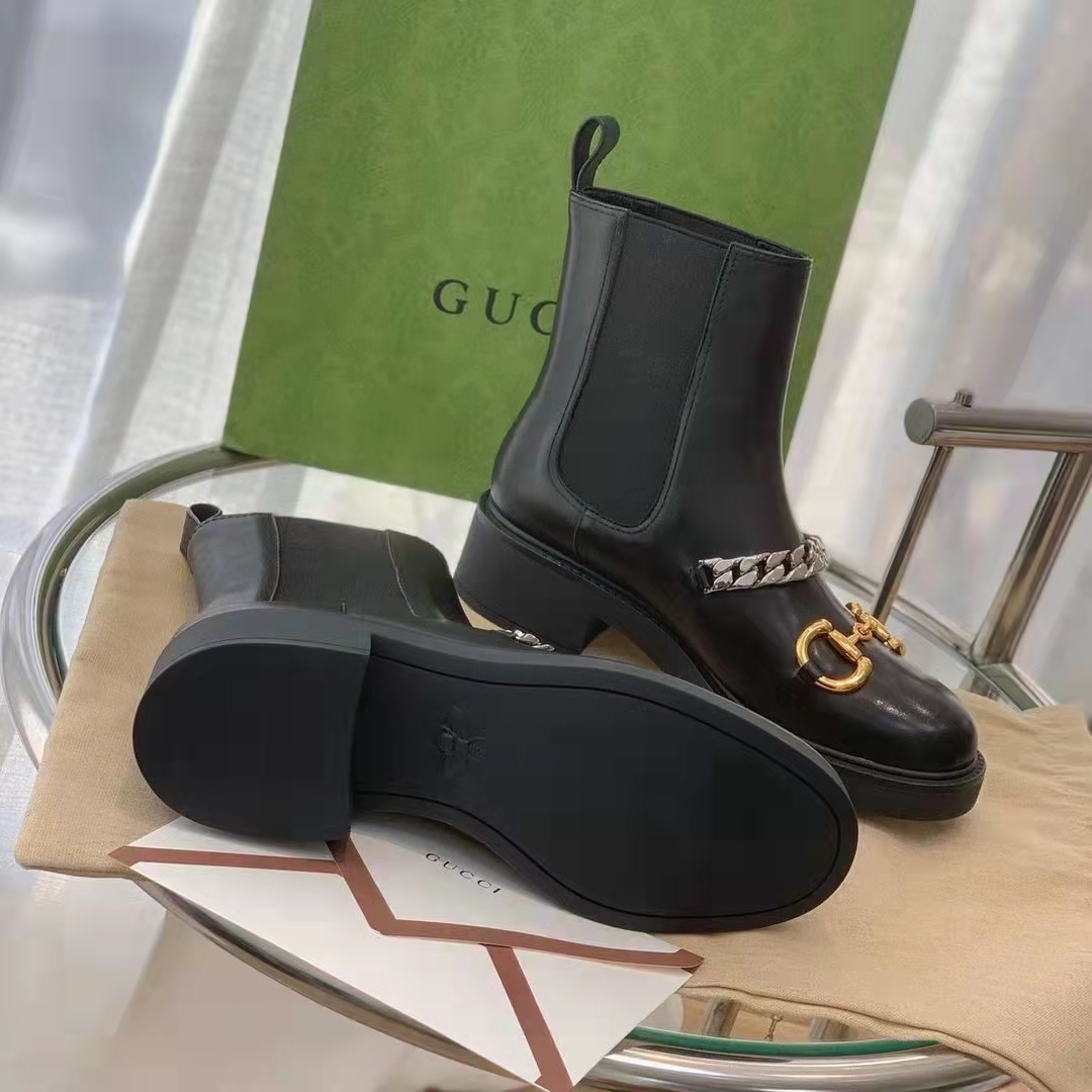 Gucci Women’s Chelsea Boot Chain Black Leather Horsebit 3 cm Heel