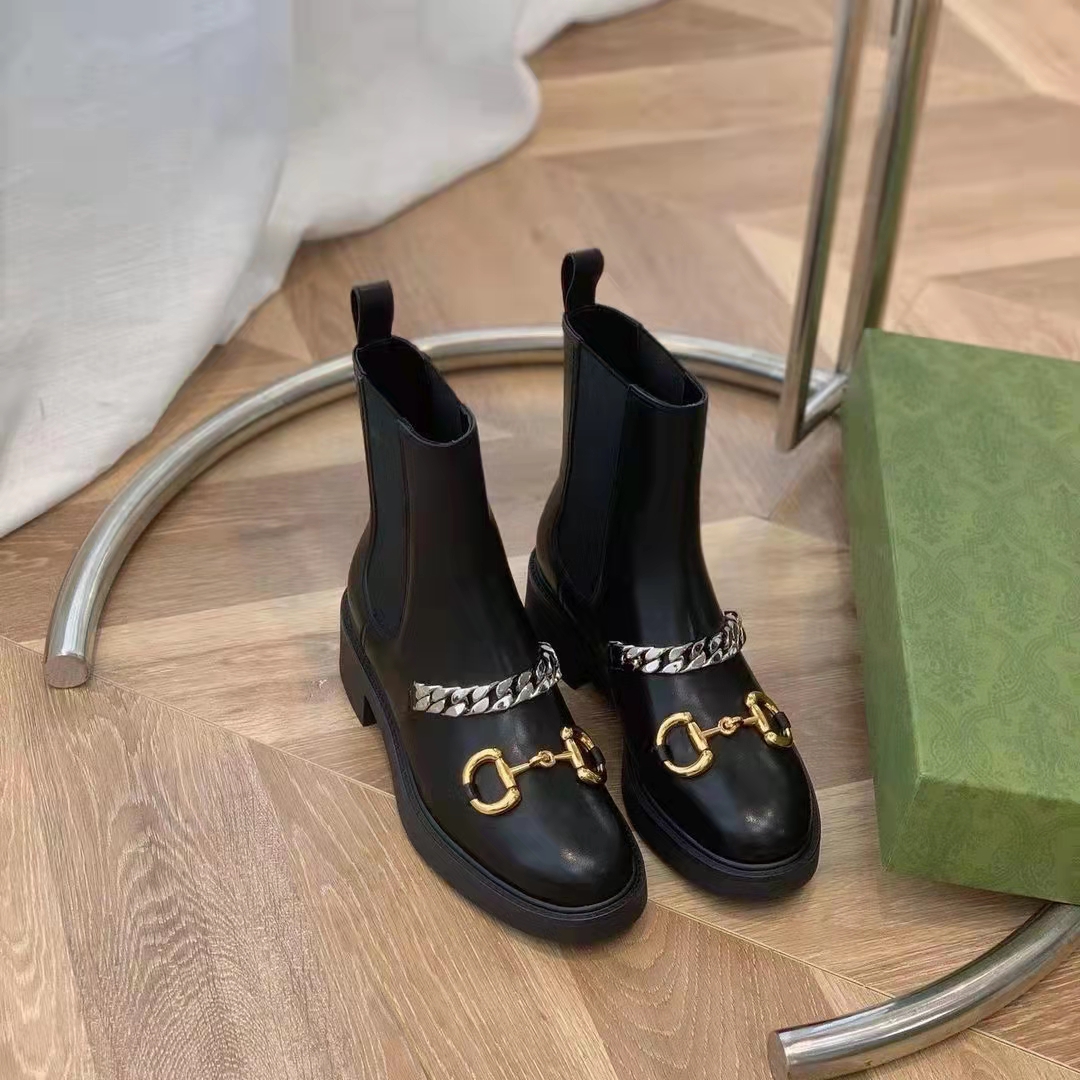 Gucci Women’s Chelsea Boot Chain Black Leather Horsebit 3 cm Heel