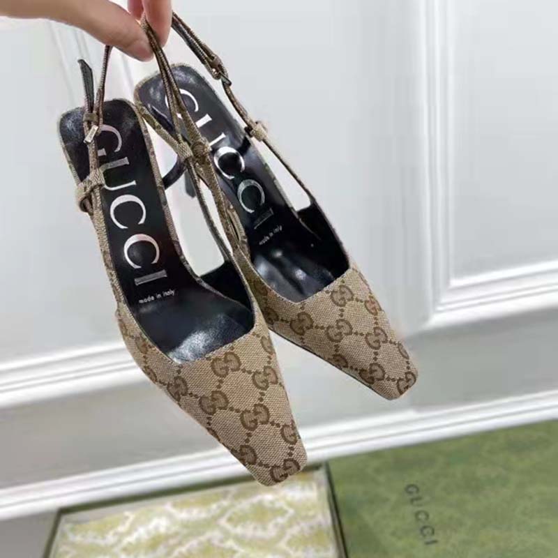 Gucci Women’s GG Slingback Pump Beige Ebony Original GG Canvas 7.5 cm Heel