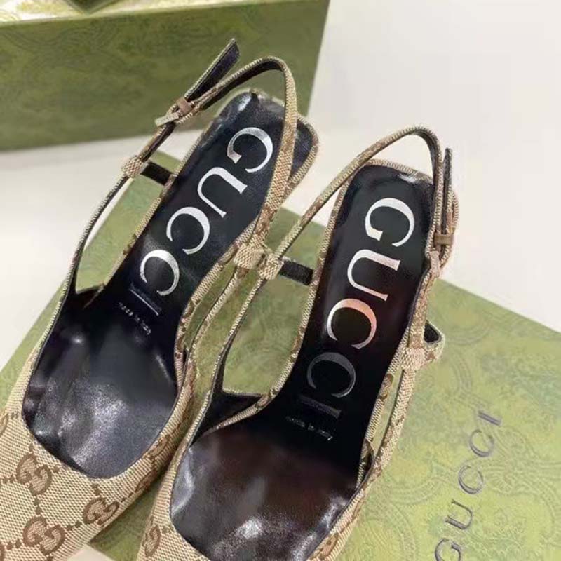 Gucci Women’s GG Slingback Pump Beige Ebony Original GG Canvas 7.5 cm Heel