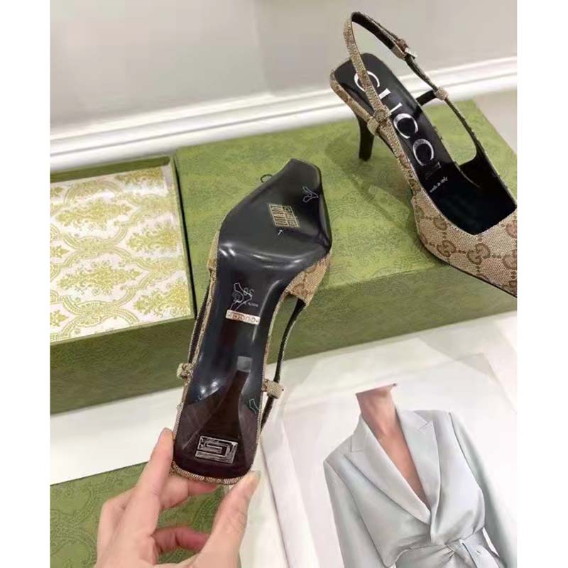 Gucci Women’s GG Slingback Pump Beige Ebony Original GG Canvas 7.5 cm Heel