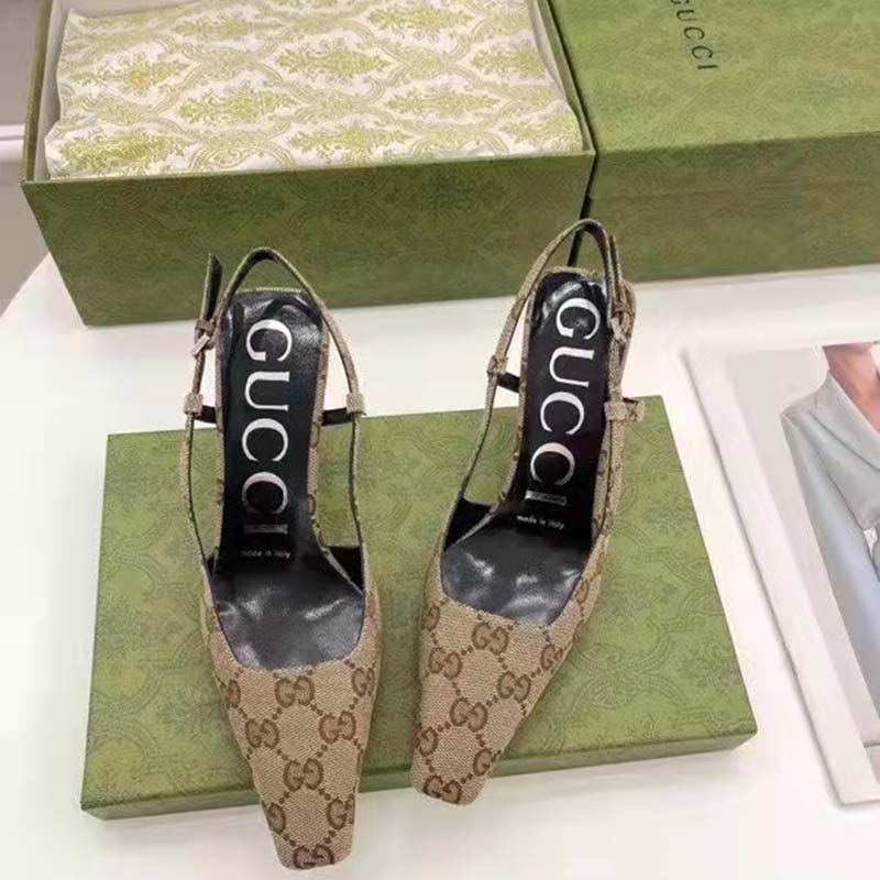 Gucci Women’s GG Slingback Pump Beige Ebony Original GG Canvas 7.5 cm Heel