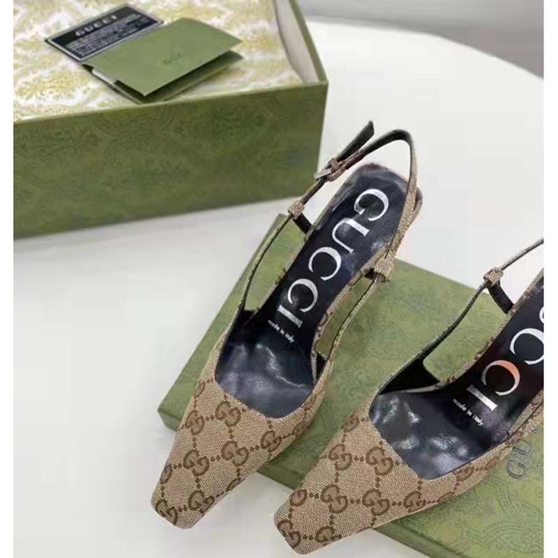 Gucci Women’s GG Slingback Pump Beige Ebony Original GG Canvas 7.5 cm Heel