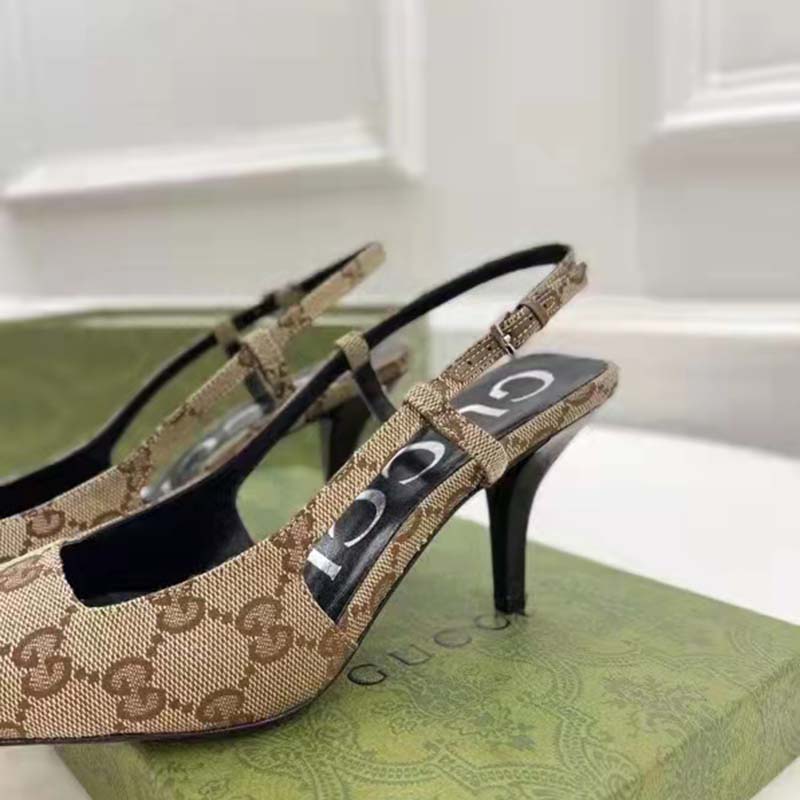 Gucci Women’s GG Slingback Pump Beige Ebony Original GG Canvas 7.5 cm Heel