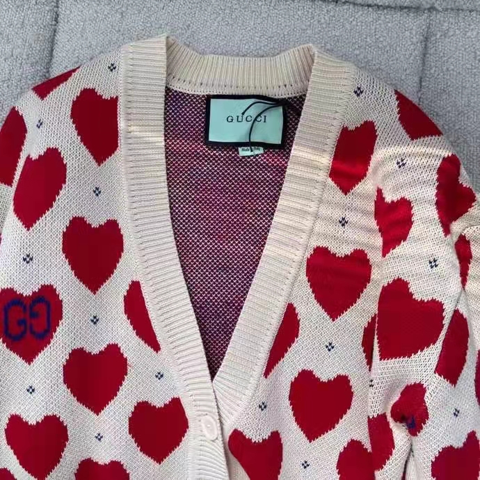 Gucci Men Les Pommes Cotton Heart Sweater White Hearts Knit Cotton Jacquard V-Neck